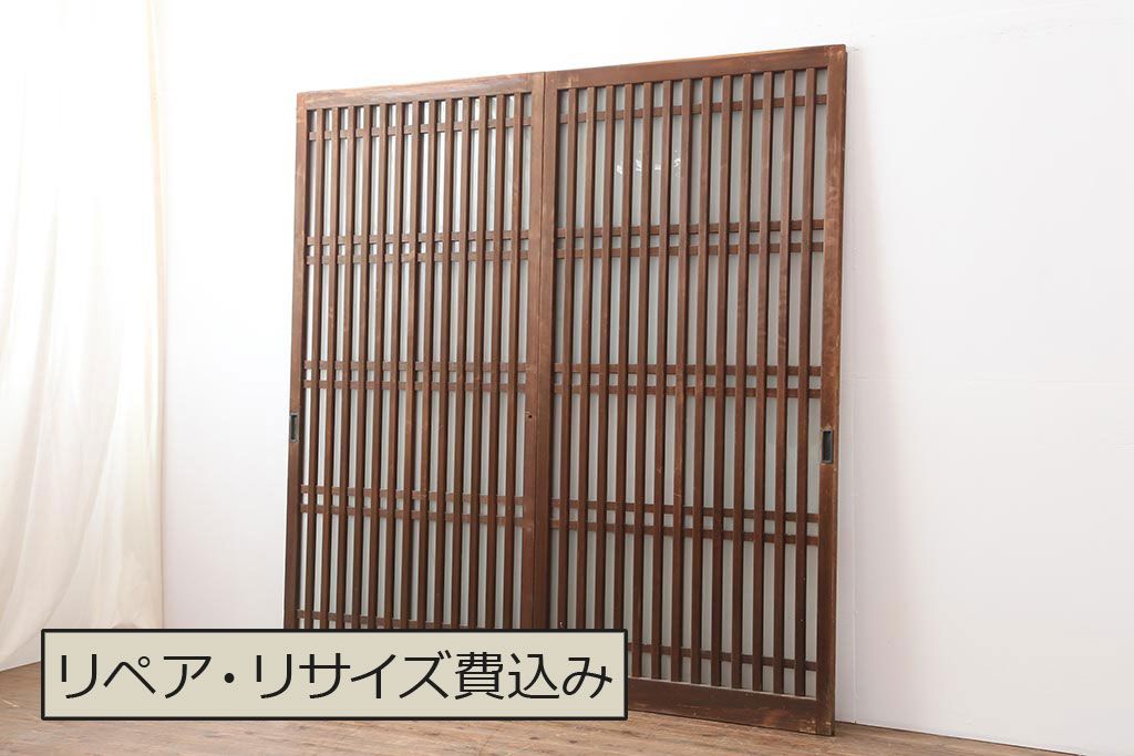 アンティーク建具　昭和中期　ヒノキ材　すりガラス入り　上手物のガラス格子戸2枚セット(引き戸)(R-043986)