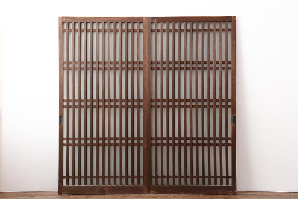 アンティーク建具　昭和中期　ヒノキ材　すりガラス入り　上手物のガラス格子戸2枚セット(引き戸)(R-043986)