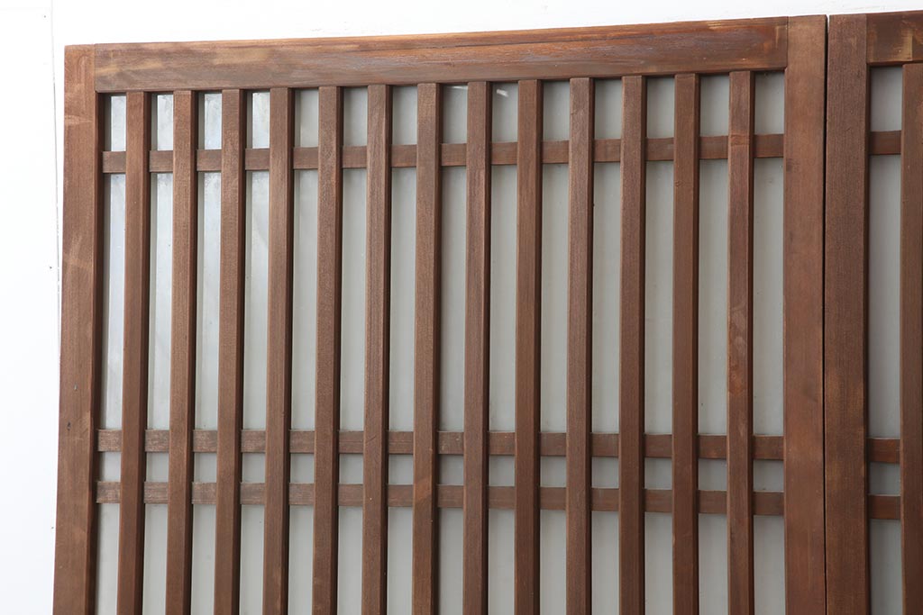 アンティーク建具　昭和中期　ヒノキ材　すりガラス入り　上手物のガラス格子戸2枚セット(引き戸)(R-043986)