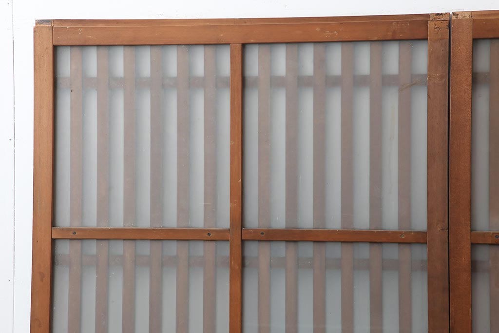 アンティーク建具　昭和中期　ヒノキ材　すりガラス入り　上手物のガラス格子戸2枚セット(引き戸)(R-043986)