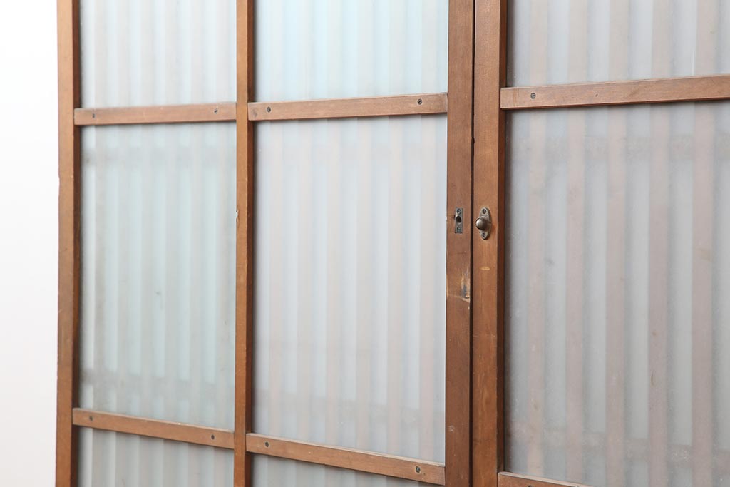 アンティーク建具　昭和中期　ヒノキ材　すりガラス入り　上手物のガラス格子戸2枚セット(引き戸)(R-043986)
