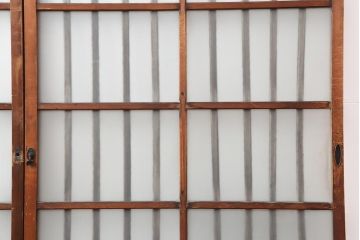 アンティーク建具　昭和中期　すりガラス入り　凝った造りの桟が目を引くガラス格子戸2枚セット(引き戸)(R-043987)