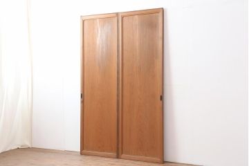 アンティーク建具　昭和中期　幅狭タイプ　一枚板　粋な意匠がおしゃれな板戸2枚セット(建具、引き戸)(R-043998)
