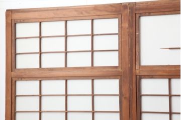 アンティーク建具　昭和初期　上手物!腰板欅(ケヤキ)材　裏障子付き　幅狭タイプ　上質な和の空間を彩る万本格子戸4枚セット(ガラス帯戸、建具、引き戸)(R-044008)