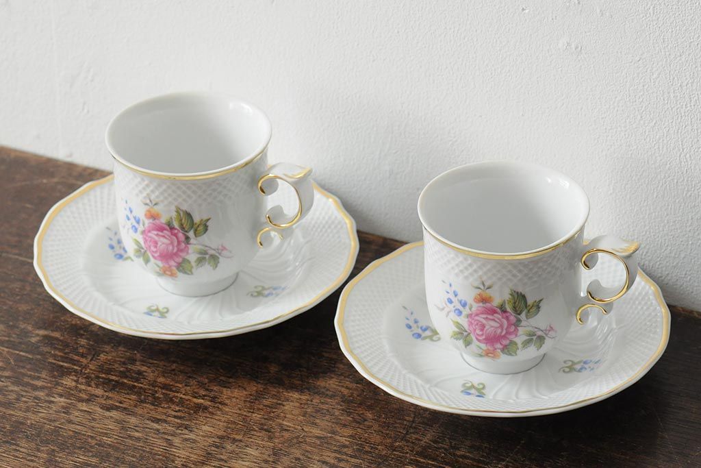 中古　ハンガリー　HOLLOHAZA(ホロハーザ)　Pannonia(パノニア)　バラ(薔薇)　カップ&ソーサー2客セット(洋食器)(R-044013)