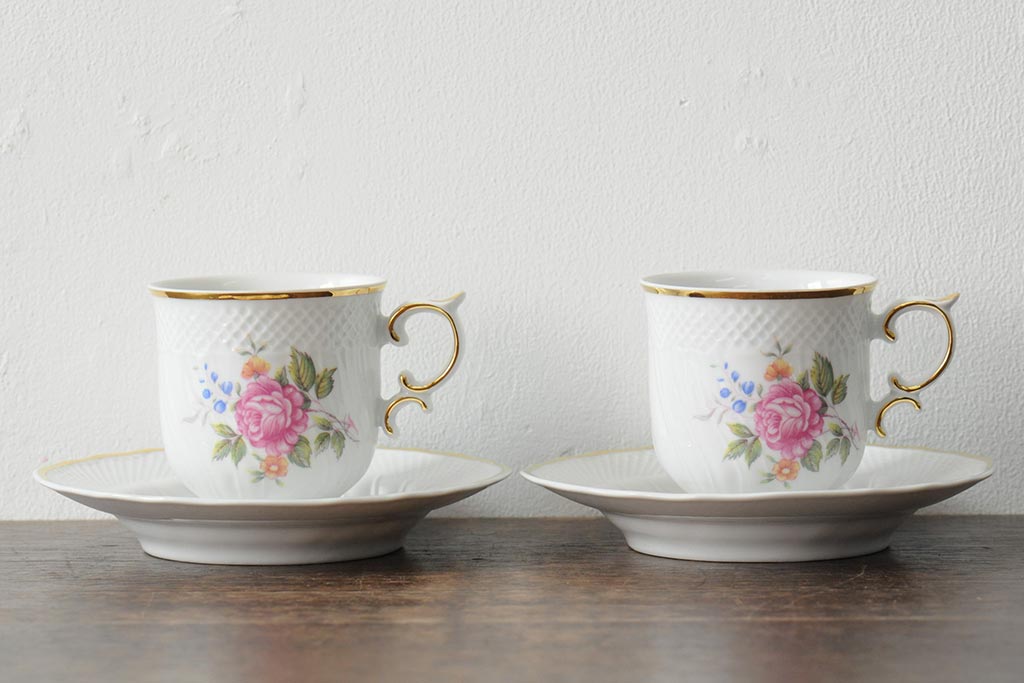 中古　ハンガリー　HOLLOHAZA(ホロハーザ)　Pannonia(パノニア)　バラ(薔薇)　カップ&ソーサー2客セット(洋食器)(R-044013)