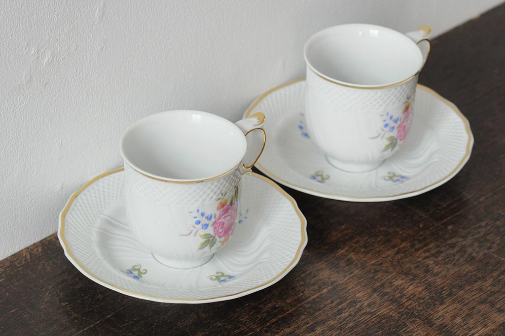 中古　ハンガリー　HOLLOHAZA(ホロハーザ)　Pannonia(パノニア)　バラ(薔薇)　カップ&ソーサー2客セット(洋食器)(R-044013)