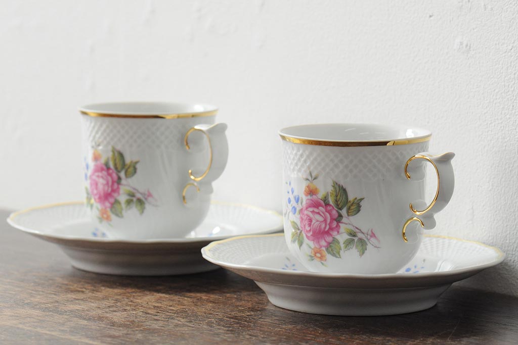 中古　ハンガリー　HOLLOHAZA(ホロハーザ)　Pannonia(パノニア)　バラ(薔薇)　カップ&ソーサー2客セット(洋食器)(R-044013)