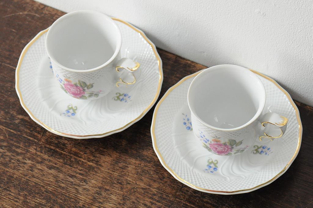 中古　ハンガリー　HOLLOHAZA(ホロハーザ)　Pannonia(パノニア)　バラ(薔薇)　カップ&ソーサー2客セット(洋食器)(R-044013)