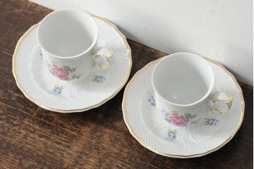 中古　ハンガリー　HOLLOHAZA(ホロハーザ)　Pannonia(パノニア)　バラ(薔薇)　カップ&ソーサー2客セット(洋食器)(R-044013)