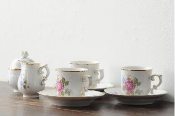 中古　ハンガリー　HOLLOHAZA(ホロハーザ)　Pannonia(パノニア)　カップ&ソーサー3客・クリーマー・シュガーポット　ティーセット(洋食器)(R-044016)