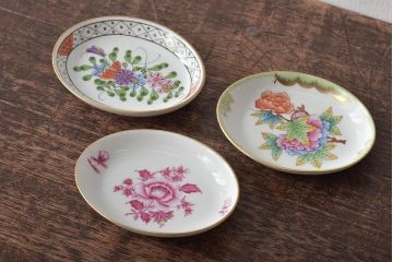 中古　ハンガリー　HEREND(ヘレンド)　ヴィクトリア・南京ブーケ(ピンク)など　オーバルプレート3枚セット(洋食器)(R-044029)