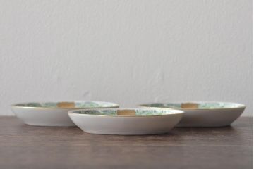 中古　ハンガリー　HEREND(ヘレンド)　アポニー・グリーン　オーバルプレート3枚セット(洋食器)(R-044030)