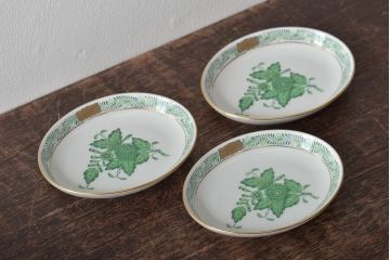 中古　ハンガリー　HEREND(ヘレンド)　アポニー・グリーン　オーバルプレート3枚セット(洋食器)(R-044030)