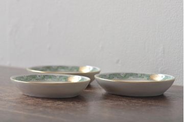 中古　ハンガリー　HEREND(ヘレンド)　アポニー・グリーン　オーバルプレート3枚セット(洋食器)(R-044030)