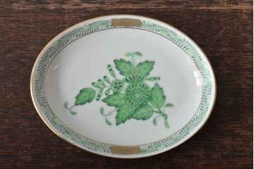 中古　ハンガリー　HEREND(ヘレンド)　アポニー・グリーン　オーバルプレート3枚セット(洋食器)(R-044030)