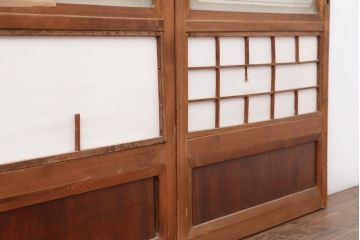 アンティーク建具　昭和中期　腰板ケヤキ材　裏障子付き　和の趣を演出する上手物の万本格子戸4枚セット(引き戸、障子戸)(R-044033)