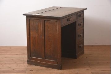 アンティーク家具　大正昭和初期　ナラ材　幅狭　レトロな片袖デスク(片袖机、在宅ワーク、在宅用ワークデスク)(R-044037)