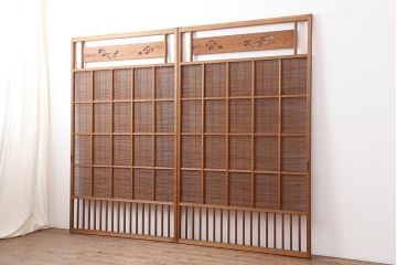 アンティーク建具 昭和中期 松と梅の透かし彫りが風情のある御簾戸2枚セット(簾戸、簀戸、葭戸、夏障子、夏戸、葦戸)(R-044049)