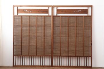 アンティーク建具　昭和中期　松と梅の透かし彫りが風情のある御簾戸2枚セット(簾戸、簀戸、葭戸、夏障子、夏戸、葦戸)(R-044049)