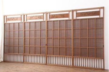 アンティーク建具　昭和中期　竹に雀の透かし彫りが風情のある御簾戸4枚セット(簾戸、簀戸、葭戸、夏障子、夏戸、葦戸)(R-044050)