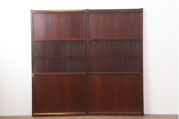 アンティーク建具　明治大正期　経年による味わいが魅力的な格子帯戸2枚セット(板戸、建具、引き戸)(R-044078)