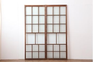 レトロ建具　和レトロ　昭和中期　味わいとシンプルさが魅力のガラス戸2枚セット(引き戸、建具)(R-044079)