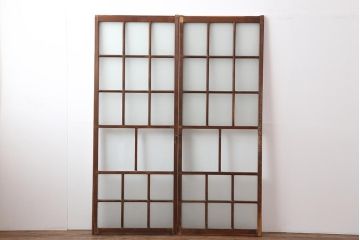 レトロ建具　和レトロ　昭和中期　味わいとシンプルさが魅力のガラス戸2枚セット(引き戸、建具)(R-044079)