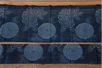 大正〜昭和初期　藍染め木綿　暖簾　型染め古布など3点セット(R-044105)