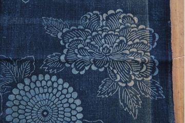 大正〜昭和初期　藍染め木綿　暖簾　型染め古布など3点セット(R-044105)