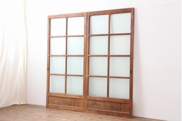 アンティーク建具　上手物　腰板欅(ケヤキ)材　シンプルなガラス戸2枚セット(引き戸)(R-044116)