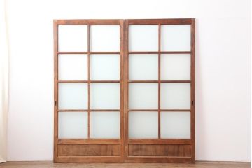 アンティーク建具　上手物　腰板欅(ケヤキ)材　シンプルなガラス戸2枚セット(引き戸)(R-044116)