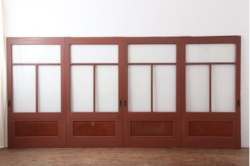 アンティーク建具　腰板欅(ケヤキ)材　モダンな雰囲気漂うガラス戸4枚セット(引き戸)(R-044117)