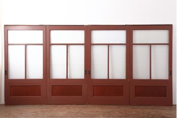 アンティーク建具　腰板欅(ケヤキ)材　モダンな雰囲気漂うガラス戸4枚セット(引き戸)(R-044117)