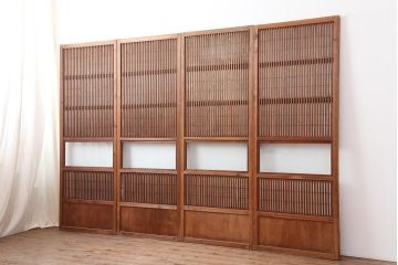 アンティーク建具　裏障子付き　和風の空間づくりにおすすめな格子戸4枚セット(ガラス帯戸、引き戸、建具)(R-044118)