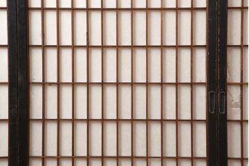 アンティーク建具　和製アンティーク　腰板ケヤキ　漆塗り　上手物　和の風情漂う格子入り障子戸4枚セット(建具、引き戸)(R-044142)