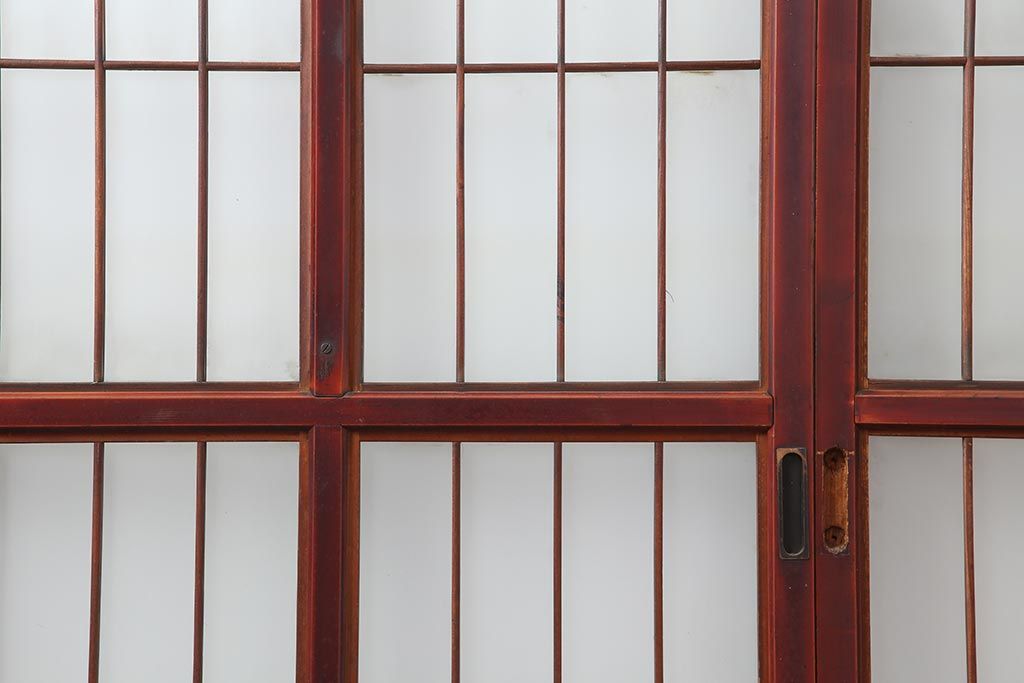 アンティーク建具　大正昭和初期　大正ロマン　赤褐色の木肌が美しいガラス戸4枚セット(引き戸、建具)(R-044145)
