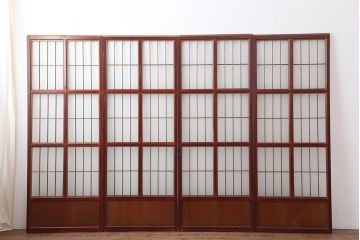 アンティーク建具　大正昭和初期　大正ロマン　赤褐色の木肌が美しいガラス戸4枚セット(引き戸、建具)(R-044146)