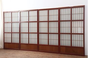 アンティーク建具　大正昭和初期　大正ロマン　赤褐色の木肌が美しいガラス戸4枚セット(引き戸、建具)(R-044152)