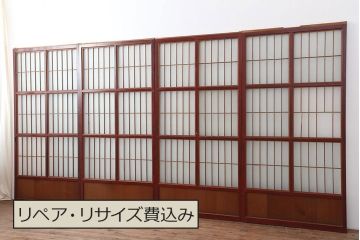 アンティーク建具　大正昭和初期　大正ロマン　赤褐色の木肌が美しいガラス戸4枚セット(引き戸、建具)(R-044152)