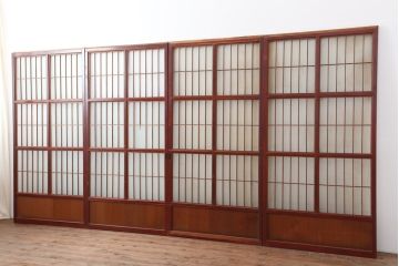 アンティーク建具　大正昭和初期　大正ロマン　赤褐色の木肌が美しいガラス戸4枚セット(引き戸、建具)(R-044153)