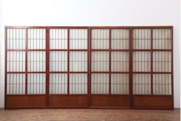アンティーク建具　大正昭和初期　大正ロマン　赤褐色の木肌が美しいガラス戸4枚セット(引き戸、建具)(R-044153)