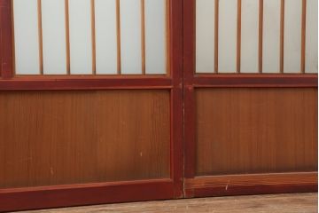 アンティーク建具　大正昭和初期　大正ロマン　赤褐色の木肌が美しいガラス戸4枚セット(引き戸、建具)(R-044153)