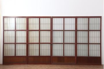アンティーク建具　大正昭和初期　大正ロマン　赤褐色の木肌が美しいガラス戸4枚セット(引き戸、建具)(R-044153)