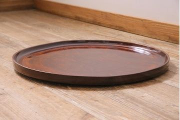アンティーク雑貨　和製アンティーク　昭和初期　総欅丸盆(ケヤキ)　シンプルなデザインのお盆(トレー、丸盆)(R-044158)