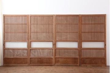 アンティーク建具　裏障子付き　ダイヤガラス入り　和風の空間づくりにおすすめな格子戸4枚セット(ガラス帯戸、引き戸、建具)(R-044160)
