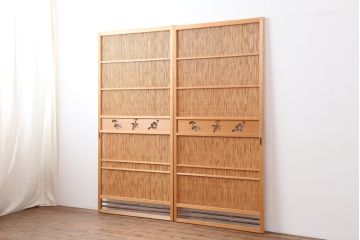 ビンテージ建具　和製ビンテージ　昭和後期　上品な和の雰囲気を高める御簾戸2枚セット(簾戸、簀戸、葭戸、夏障子、夏戸、葦戸)(R-044162)