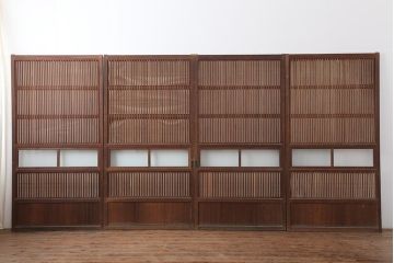 アンティーク建具　和製アンティーク　裏障子付き!和風の空間づくりにおすすめな格子戸4枚セット(ガラス帯戸、引き戸、建具)(R-044166)