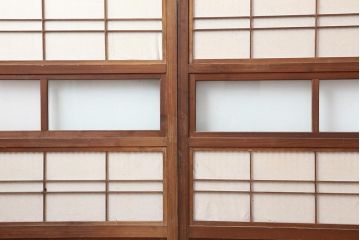 アンティーク建具　和製アンティーク　裏障子付き!和風の空間づくりにおすすめな格子戸4枚セット(ガラス帯戸、引き戸、建具)(R-044166)