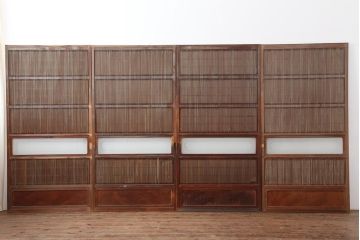 アンティーク建具　和製アンティーク　昭和初期　腰板ケヤキ材　裏障子付き　万本格子戸4枚セット(帯ガラス戸、引き戸)(R-044167)